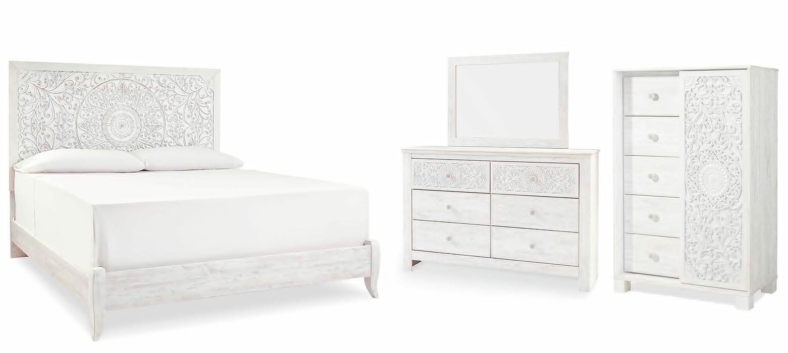 Paxberry Whitewash Paxberry King Panel Bed with Mirrored Dresser and Chest