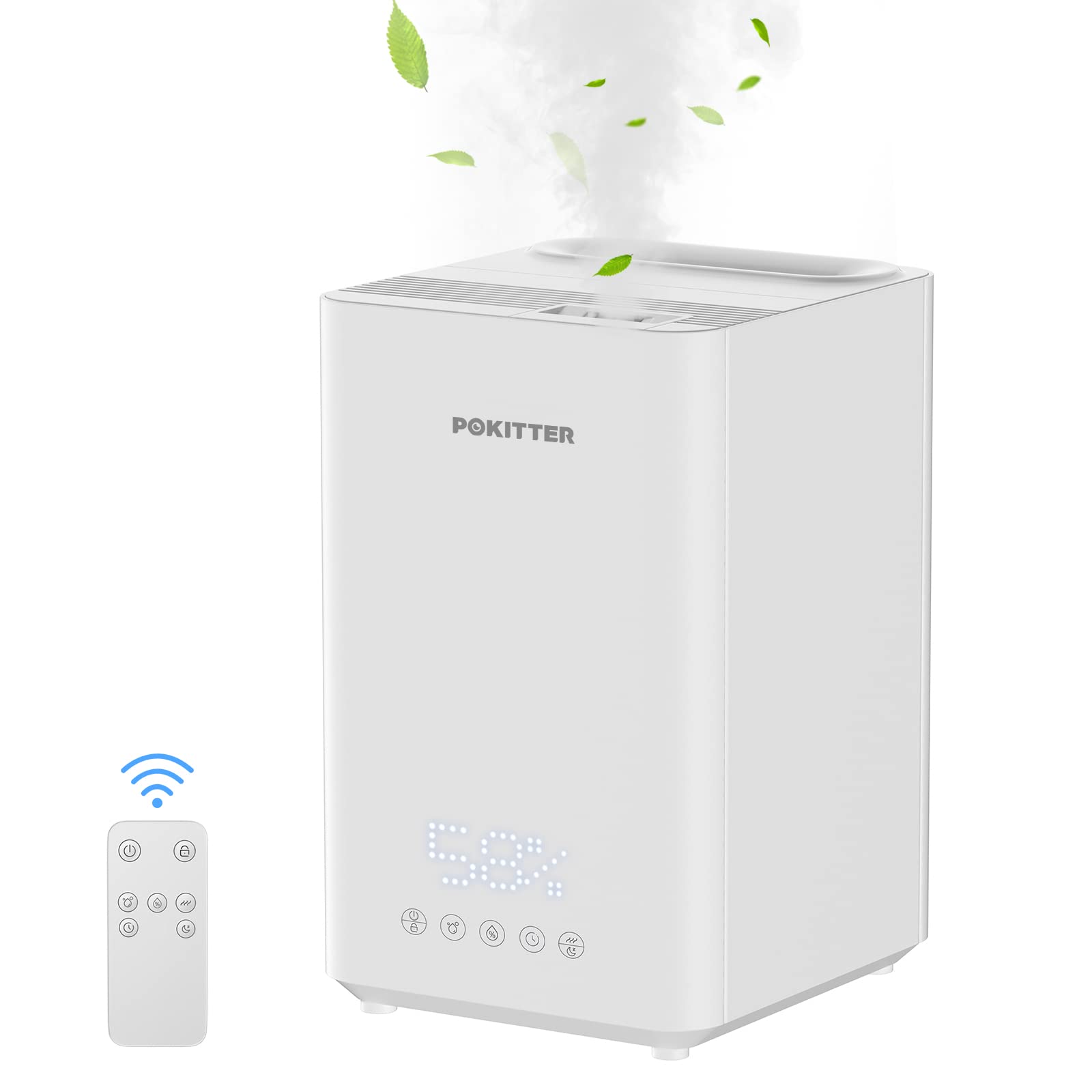 Pokitter Humidifiers for Large Room Home, 5L Warm and Cool Mist Top Fill Essential Oil Diffuser for Baby and Plants, Rapid Humidification, Quiet Sleep Mode - White - new