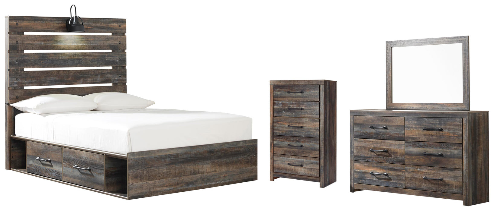 Drystan Multi Drystan Full Panel Bed with 2 Storage Drawers with Mirrored Dresser and Chest