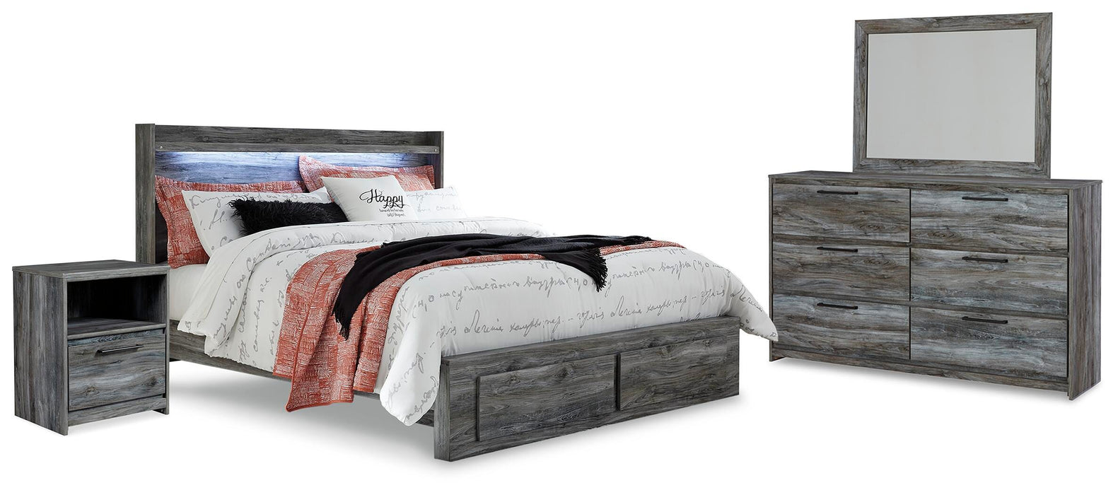Baystorm Gray Baystorm King Panel Bed with 2 Storage Drawers with Mirrored Dresser, and Nightstand