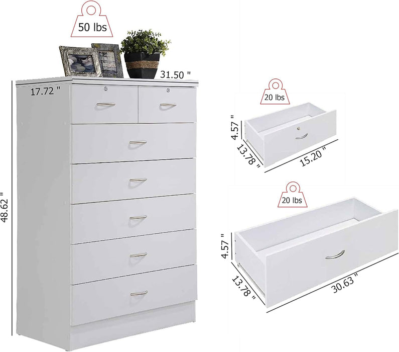 HODEDAH 7 Drawer Wood Dresser for Bedroom, 31.5 inch Wide Chest of Drawers, with 2 Locks on the Top Drawers, Storage Organization Unit for Clothing, White - new