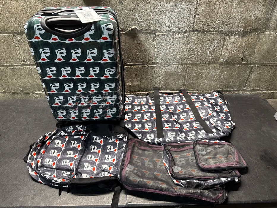Bouffant & Broken Hearts Lady with Red Lips 6 Piece Set, 21" Hardside Luggage, Duffel, Backpack, and 3 Piece Packing Cubes, All Ages - new