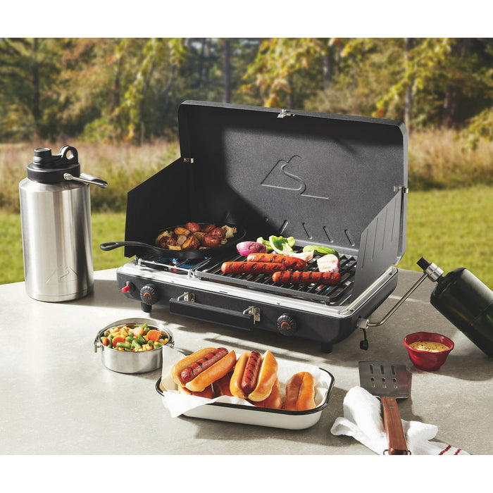 Ozark Trail 2 Burner Black Propane 2-in-1 Portable Camp Stove and Grill, Model GCT2220WB, New - new