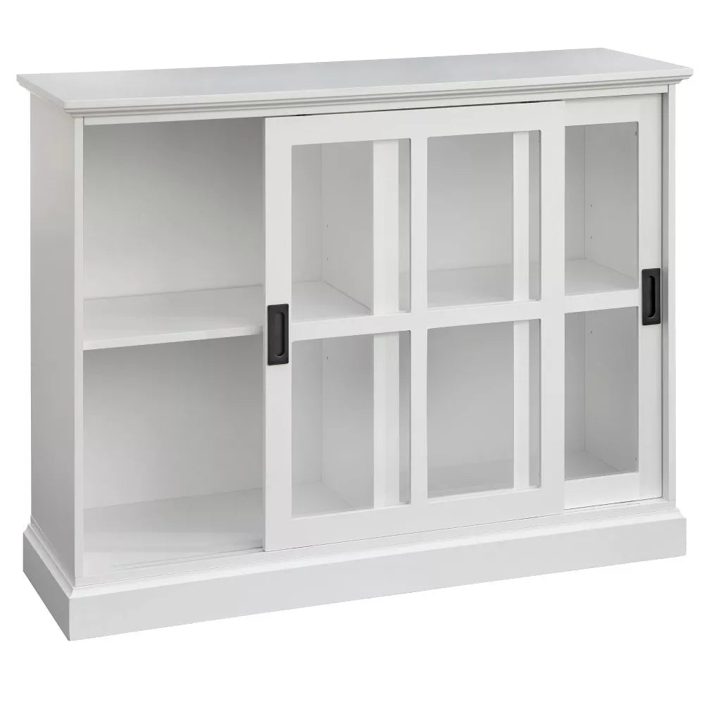 Padova Sliding Door Cabinet White - Lifestorey: Transitional Style, MDF, Tempered Glass, Fixed Shelves - new