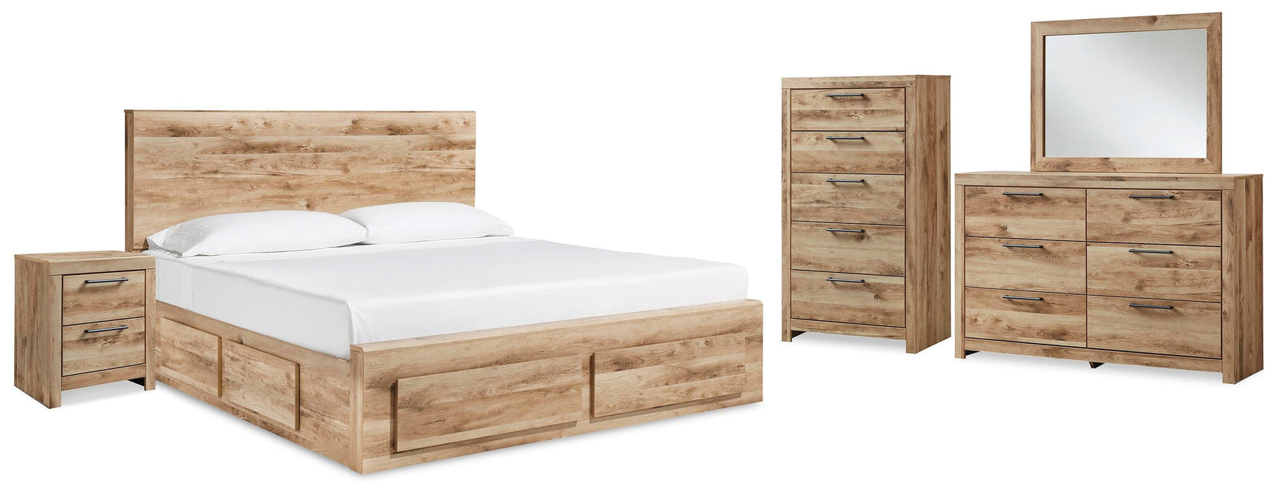 Hyanna Tan Brown Hyanna Queen Panel Storage Bed with 2 Under Bed Storage Drawer, Dresser, Mirror, Chest and Nightstand - Brand New