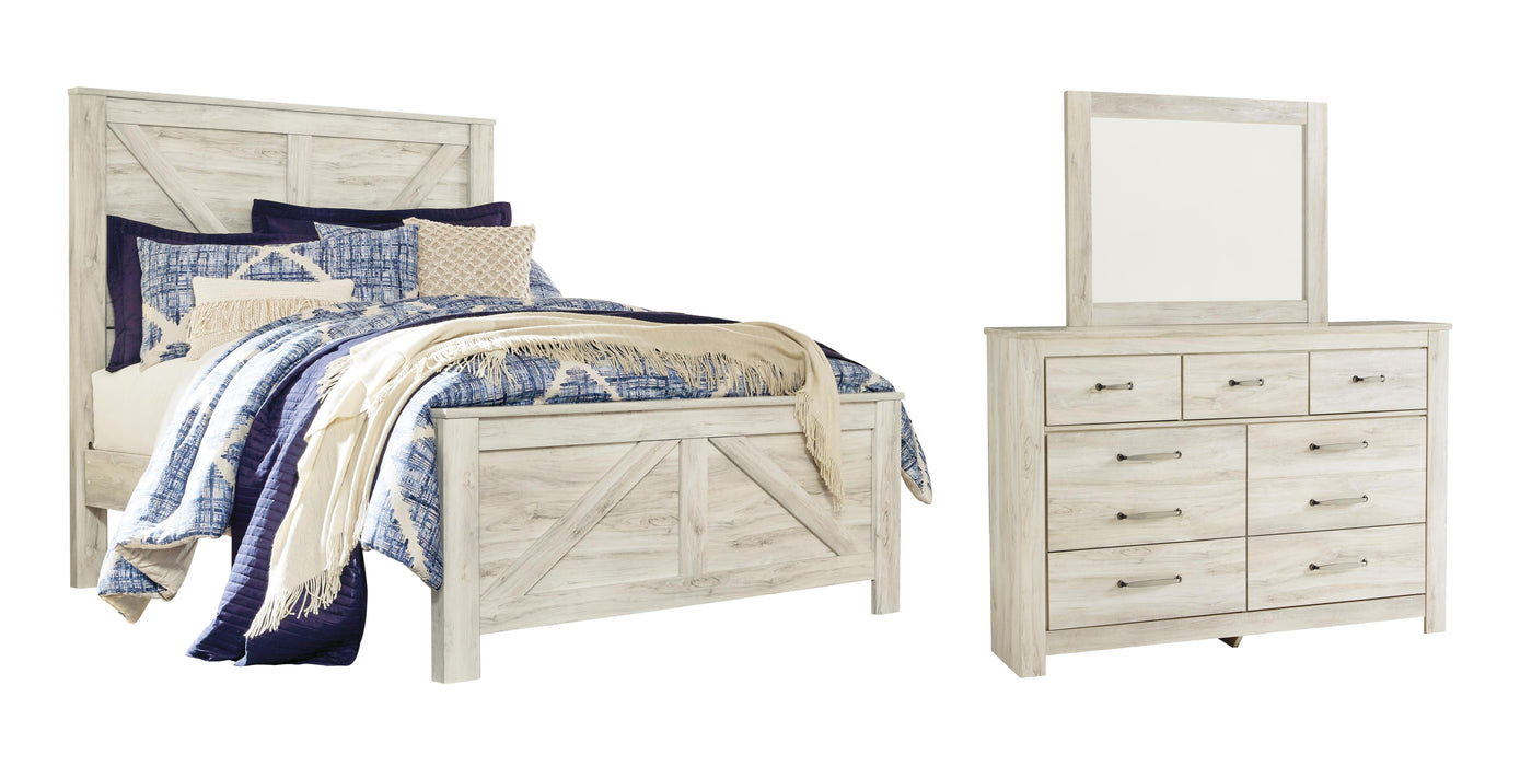 Bellaby Whitewash Bellaby Queen Crossbuck Panel Bed with Mirrored Dresser