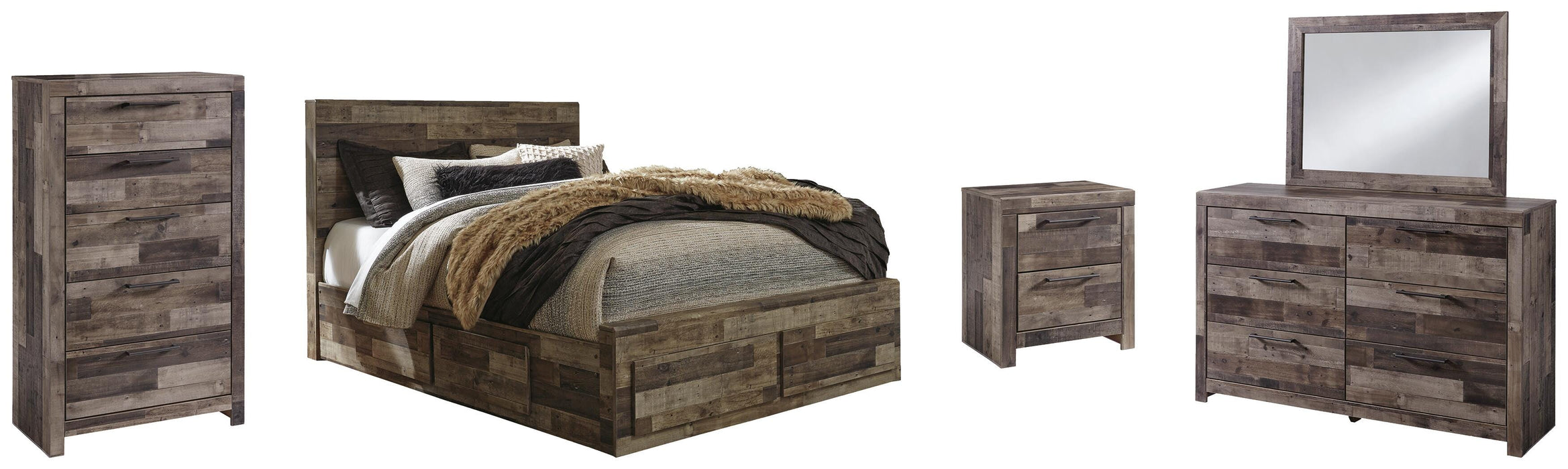 Derekson Multi Gray Derekson Queen Panel Bed with 4 Storage Drawers with Mirrored Dresser, Chest and Nightstand