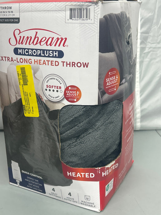 Sunbeam Electric Heated Throw Blanket Oversize Grey stone Microplush 4 Heat Settings - new