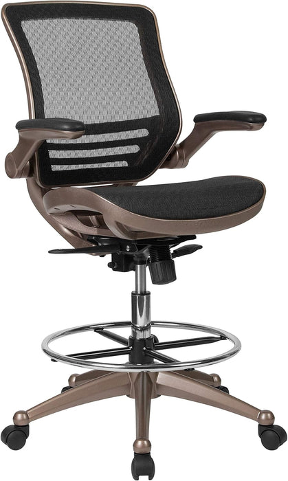 Flash Furniture Waylon Mid-Back Swivel Office Chair with Adjustable Foot Ring and Seat Height, Ergonomic Mesh Chair with Armrests, Black/Gold - open_box