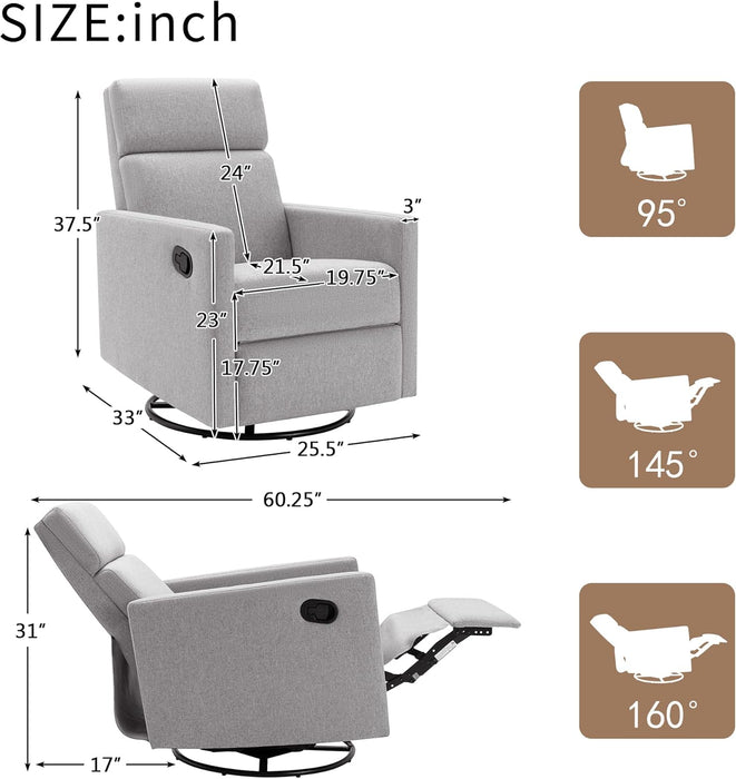 Merax Gray Modern Upholstered Manual Swivel Recliner Chair w/Headsupport Adjustable Nursery Glider Rocker for Living Room, Bedroom, Set of 1 - new