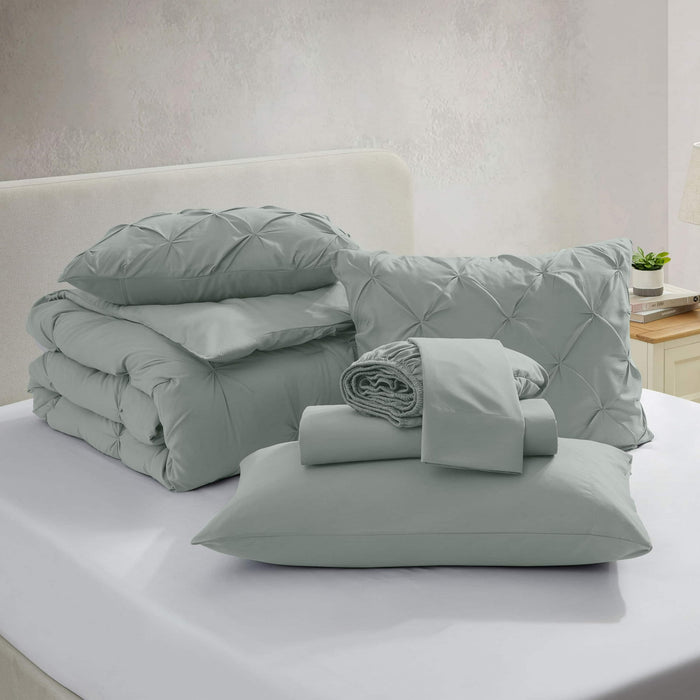 LammaLoe King Comforter Set, 7Pc Bed In A Bag Pintuck Bedding Set , Sage Green - repacked
