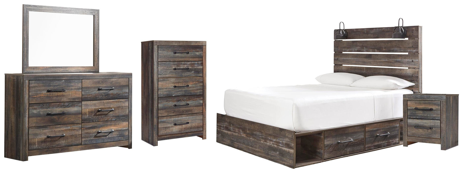 Drystan Multi Drystan Queen Panel Bed with 4 Storage Drawers, Dresser, Mirror, Chest and Nightstand