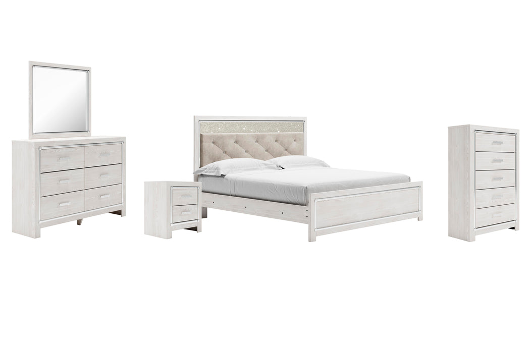 Altyra White Altyra King Panel Bed with Mirrored Dresser, Chest and Nightstand