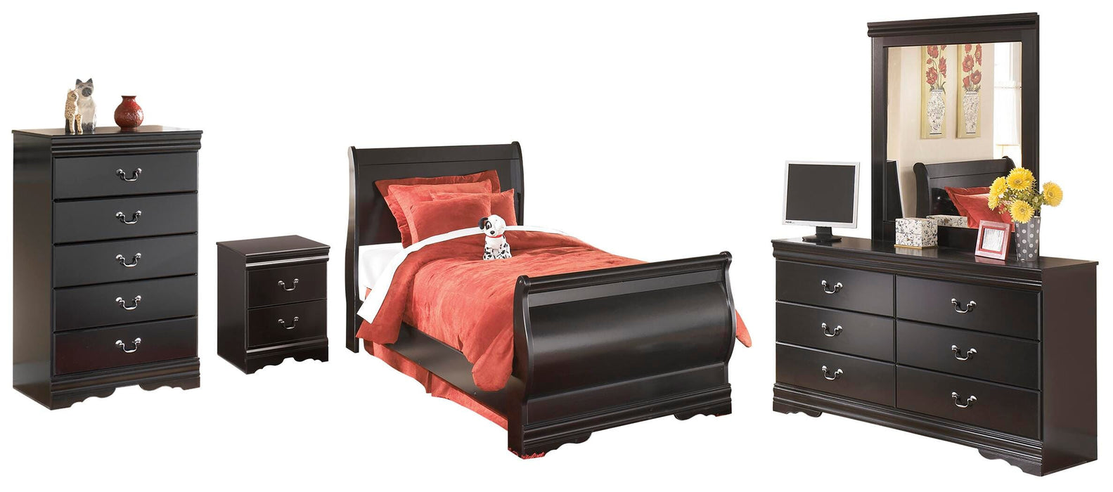 Huey Vineyard Black Huey Vineyard Twin Sleigh Bed with Mirrored Dresser, Chest and Nightstand