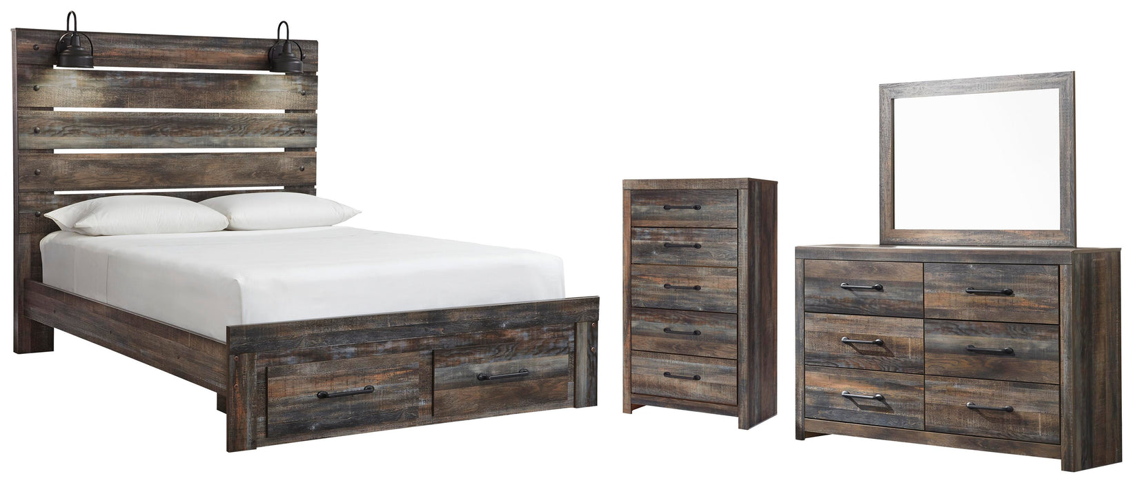Drystan Multi Drystan Queen Panel Bed with 2 Storage Drawers with Mirrored Dresser and Chest