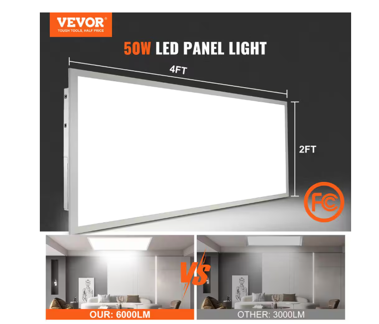 VEVOR 2 PCS 2 ft. x 4 ft. LED Flat Panel Light 6000LM 50 W LED Drop Ceiling Light 3500K/4000K/5000K for Home Office Classroom - new