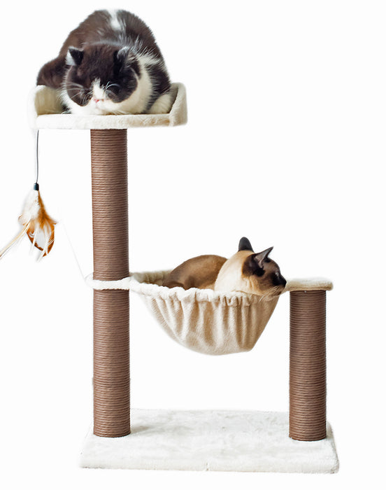 Catry 28" Beige 3-Level Cat Tree with Hammock Scratching Post Tower with Plush Perch Indoor Play House - open_box