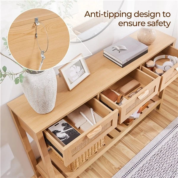 3-drawer Rattan-dotted Console Table with Bottom Shelf Light Brown - new