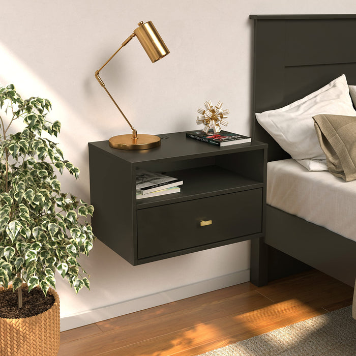 1 Piece Prepack Floating Shelf Side Table with Drawer and Brushed Brass Knobs, Modern Floating Nightstand 15" D x 22.5" W x 14.5" H, Black, BRBW-1402-2M - open_box