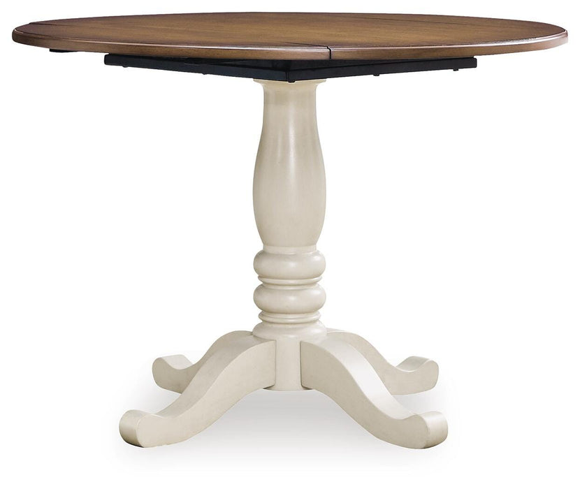 Mellintine Antique White/Brown Round DRM Drop Leaf Table