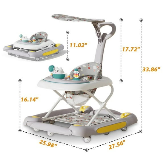 LHUAI 6-in-1 Baby Walker With Wheels, Bouncer, Removable Footrest, Feeding Tray & Music, Foldable & Adjustable Activity Walker For Boys And Girls, Toddler Infant, Grey - new