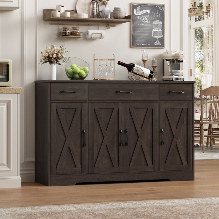 Homfa Buffet Cabinet with 3 Drawers and 4 Doors, 55.1” W Kitchen Sideboard Storage Cabinet with Adjustable Shelves, Farmhouse Coffee Bar Cabinet for Dining Room, Dark Brown - new