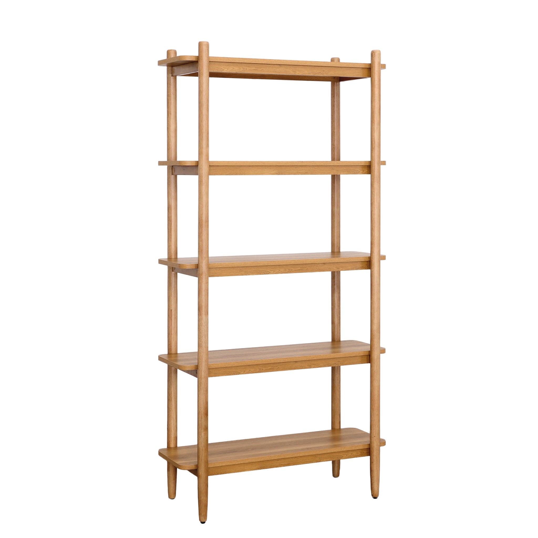 Better Homes & Gardens Springwood 5 Shelf Bookcase with Solid Wood Frame, Light Honey Finish - open_box