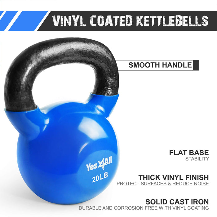 Yes4All Kettlebells 10 15 20 lbs Set Weight Vinyl Coated Cast Iron for Dumbbell Weights Exercises, Gym, Fitness, Full Body Workout Equipment Push up, Grip and Strength Training, Blue - new