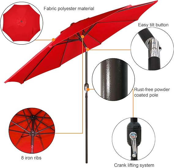 Blissun 9' Outdoor Patio Umbrella, Outdoor Table Umbrella, Yard Umbrella, Market Umbrella with 8 Sturdy Ribs, Push Button Tilt and Crank