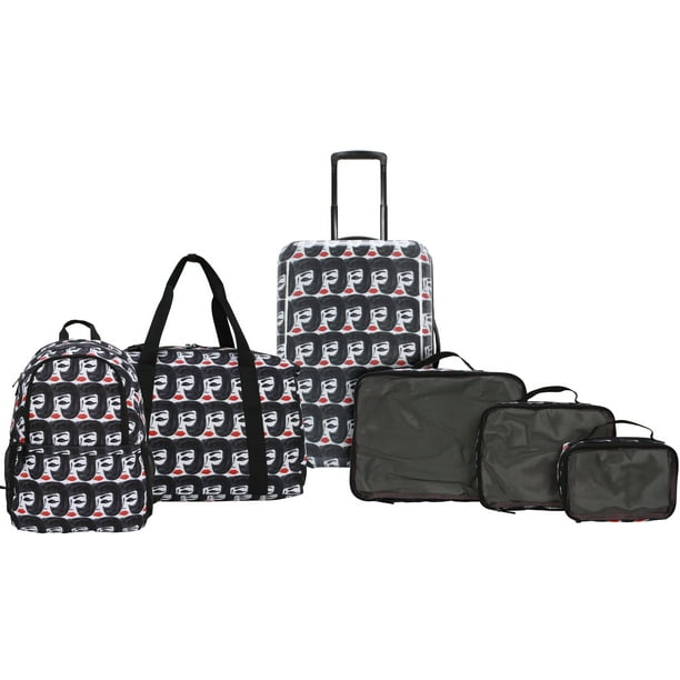 Bouffant & Broken Hearts Lady with Red Lips 6 Piece Set, 21" Hardside Luggage, Duffel, Backpack, and 3 Piece Packing Cubes, All Ages - new