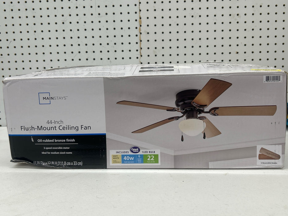 Mainstays 44" Hugger Indoor Ceiling Fan with Single Light, Bronze, 5 Blades, LED Bulb,Reverse Airflow - new
