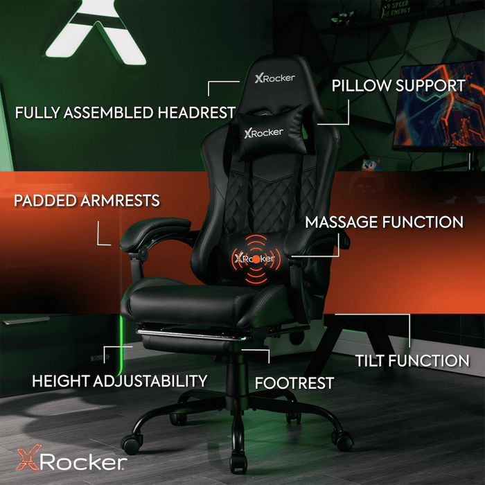 X Rocker Apex PC Gaming Chair with Massage Function and Footrest, Black - new