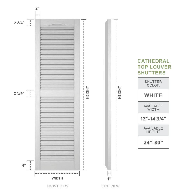 14-1/2 in. x 67 in. Lifetime Open Louvered Vinyl Standard Cathedral Top Center Mullion Shutters Pair in white - open_box