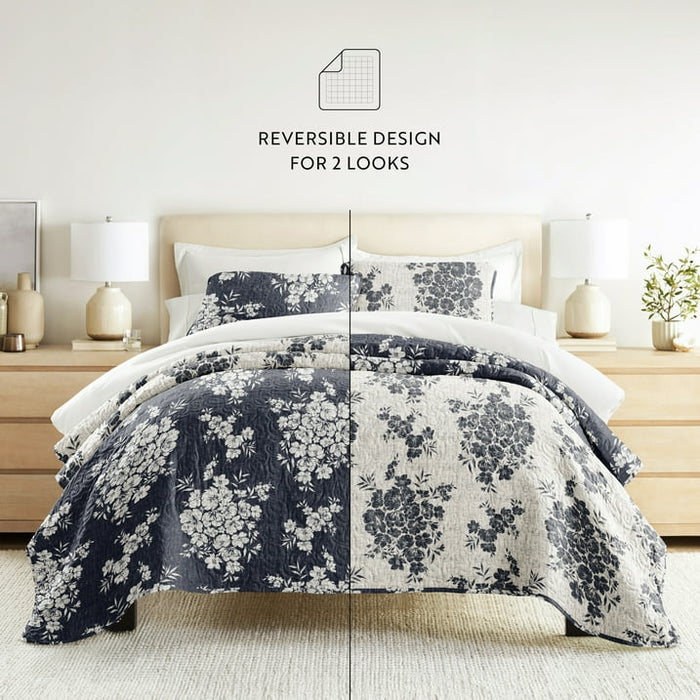 Noble Linens 3-Piece Navy Distressed Bouquet Reversible Quilt Set, Queen - open_box