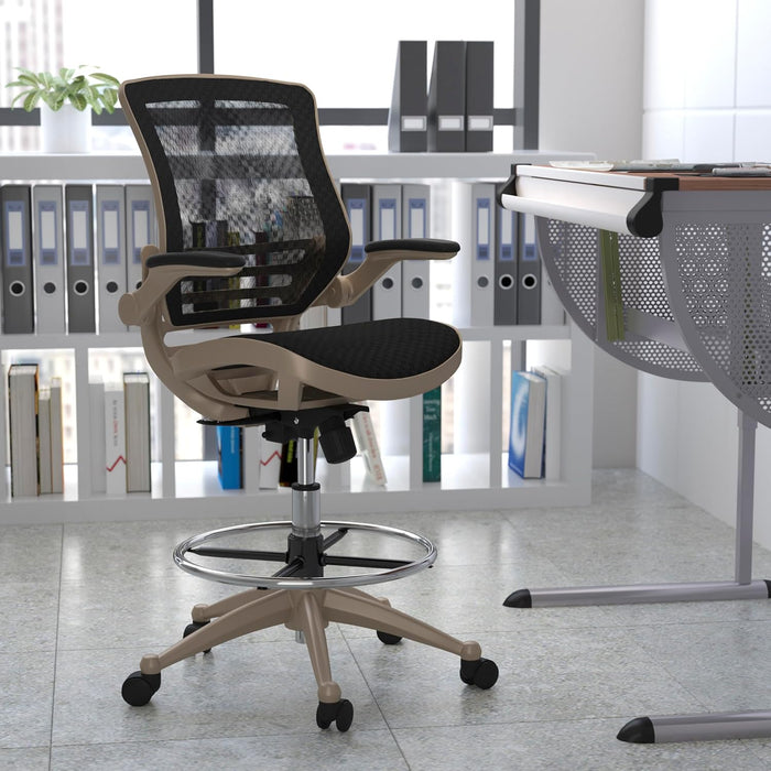 Flash Furniture Waylon Mid-Back Swivel Office Chair with Adjustable Foot Ring and Seat Height, Ergonomic Mesh Chair with Armrests, Black/Gold - open_box