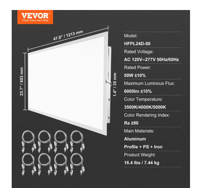 VEVOR 2 PCS 2 ft. x 4 ft. LED Flat Panel Light 6000LM 50 W LED Drop Ceiling Light 3500K/4000K/5000K for Home Office Classroom - new