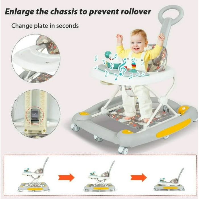 LHUAI 6-in-1 Baby Walker With Wheels, Bouncer, Removable Footrest, Feeding Tray & Music, Foldable & Adjustable Activity Walker For Boys And Girls, Toddler Infant, Grey - new