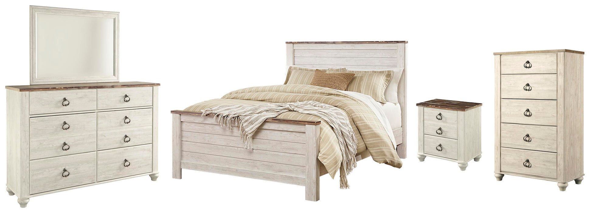 Willowton Whitewash Willowton Queen Panel Bed with Mirrored Dresser, Chest and Nightstand