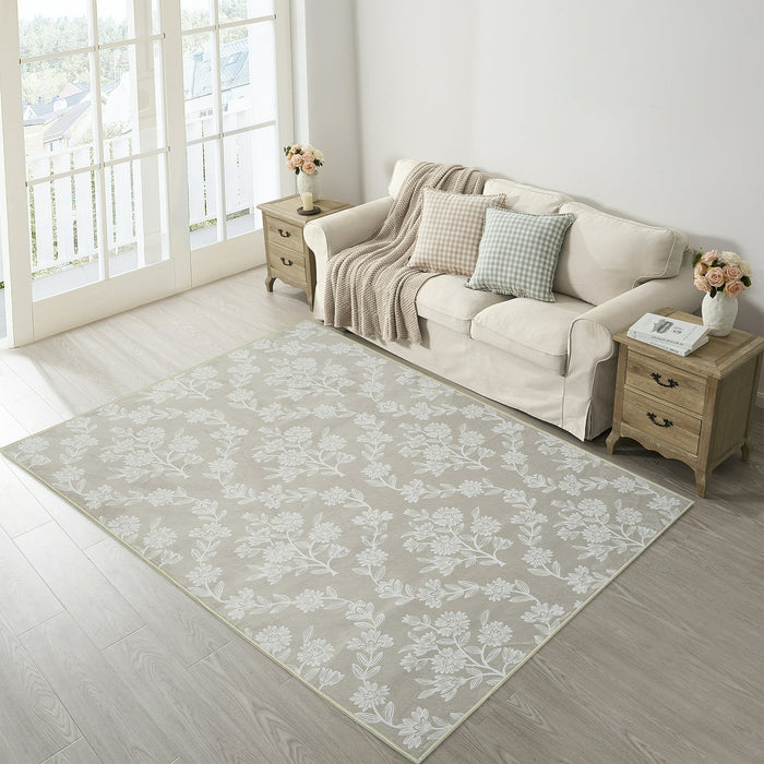 My Texas House Taupe Flower Damask Machine Washable Indoor Area Rug, 7'6" x 9'5" - new