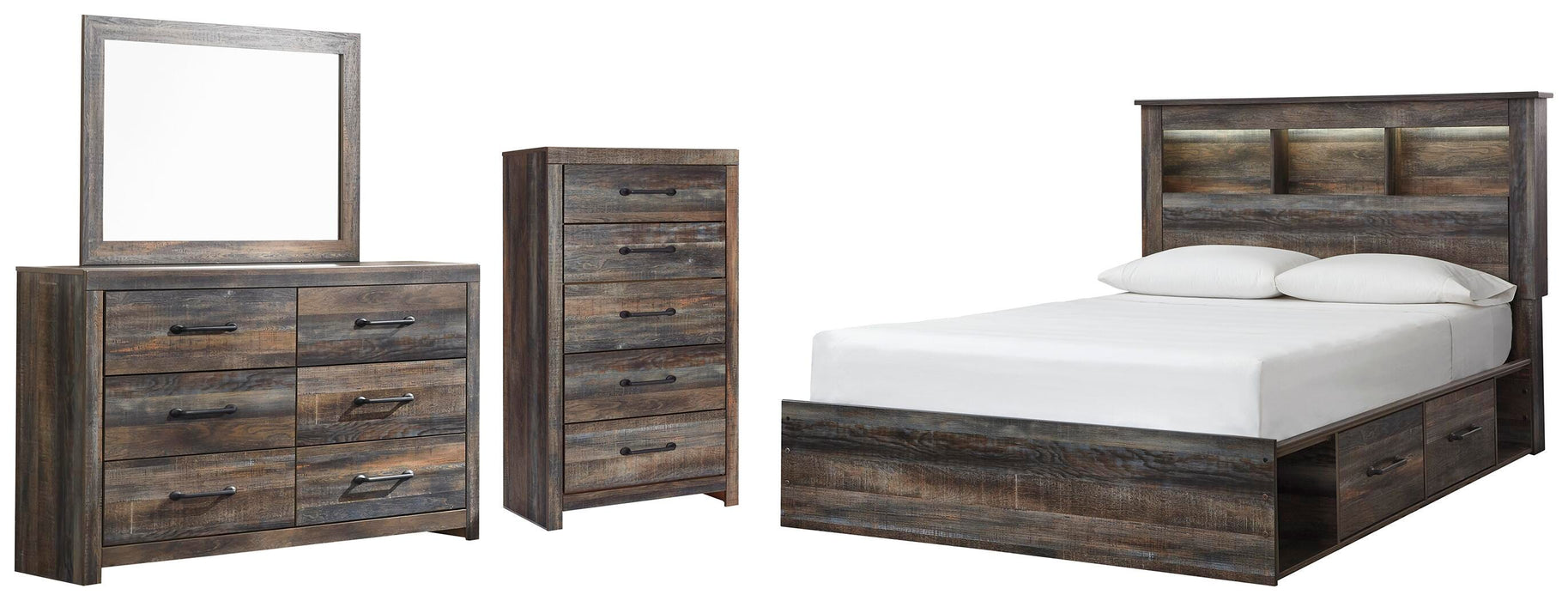 Drystan Multi Drystan Queen Bookcase Bed with 4 Storage Drawers, Dresser, Mirror and Chest