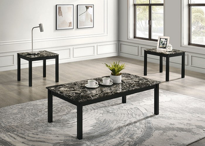 FM42900BW-3PK 3 pc Findlay black finish wood faux marble finish top coffee and end table set - new