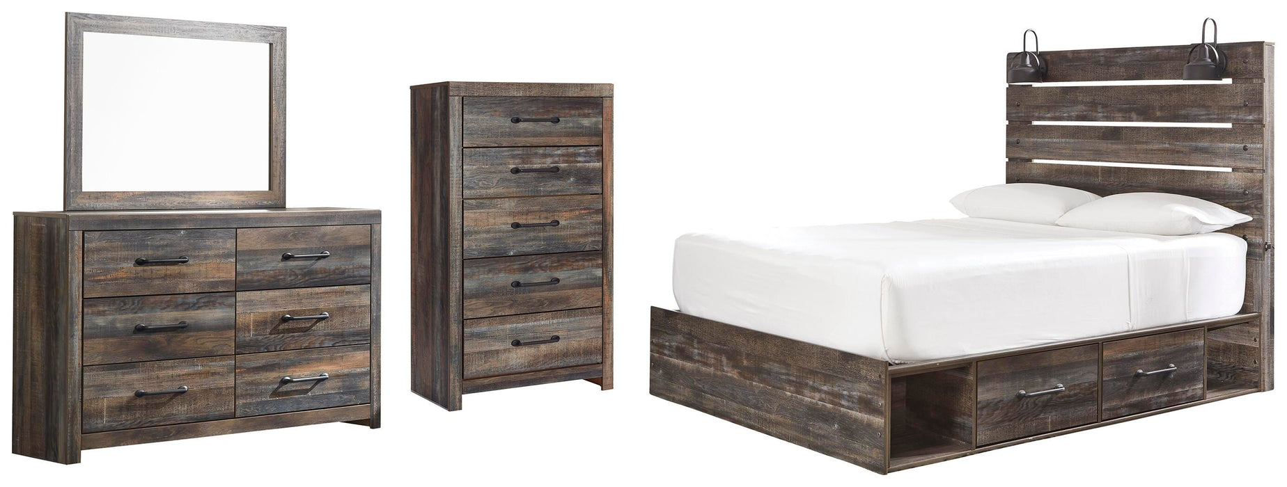 Drystan Multi Drystan Queen Panel Bed with 2 Storage Drawers, Dresser, Mirror and Chest