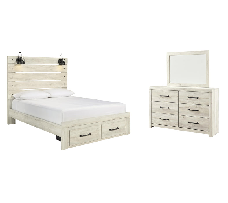 Cambeck Whitewash Cambeck Queen Panel Bed with 2 Storage Drawers with Mirrored Dresser