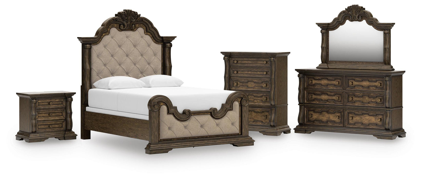 Maylee Dark Brown Maylee Queen Upholstered Bed, Dresser, Mirror, Chest and Nightstand - Brand New