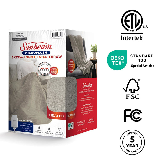 Sunbeam Electric Heated Throw Blanket Oversize Washed Stone Microplush 4 Heat Settings 50x 70 - new