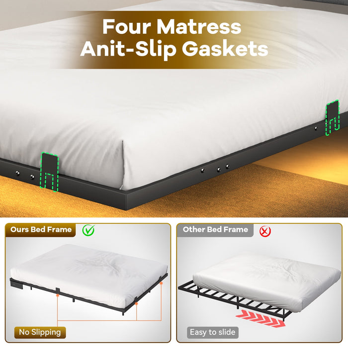 Behost Queen Size Bed Frame Floating Platform Upholstered with LED Lighting and Built-in Charging Station, Metal Frame, Gray - new