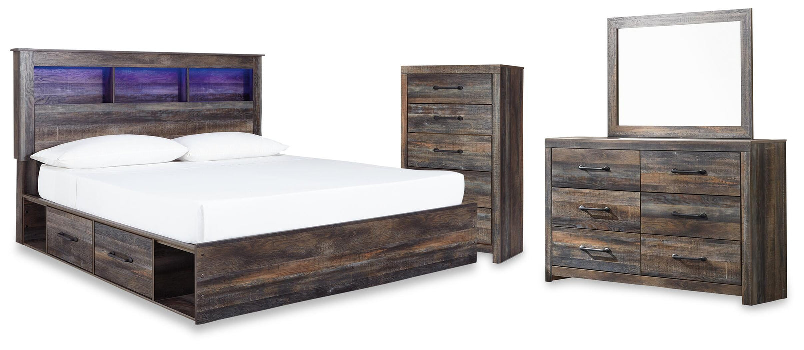 Drystan Multi Drystan King Bookcase Bed with 2 Storage Drawers with Mirrored Dresser and Chest