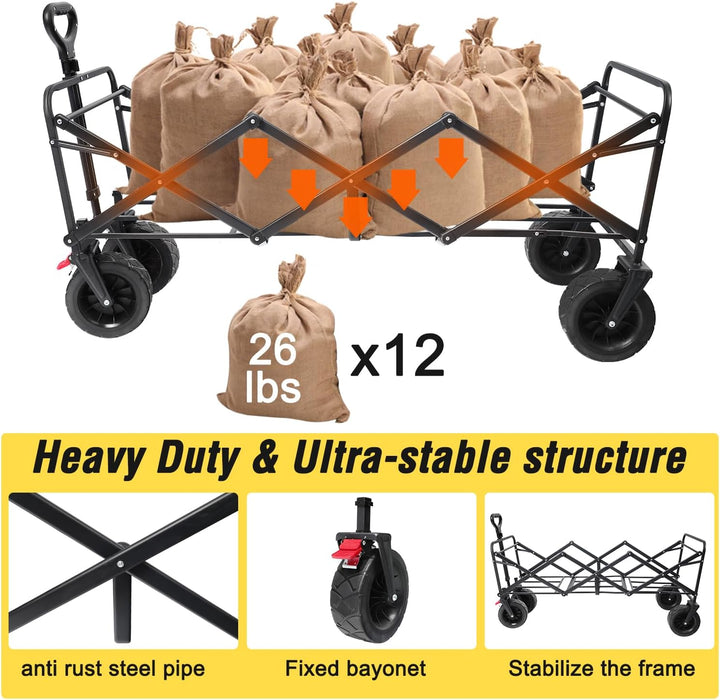 Beach Cart Large Capacity, Heavy Duty Folding Wagon Portable, Collapsible Wagon for Sports, Shopping, Camping Collapsible Foldable cart (Black, 1 Year Warrant) - new