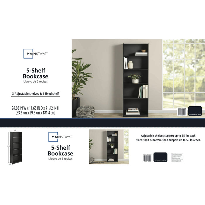 Mainstays 5-Shelf Bookcase with Adjustable Shelves, True Black Oak - new