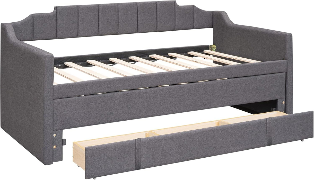 Upholstered Daybed with Trundle, Twin Size Bed Frame with 3 Storrage Drawers or Boys Girls Bedroom (Grey) 2 Boxes - new
